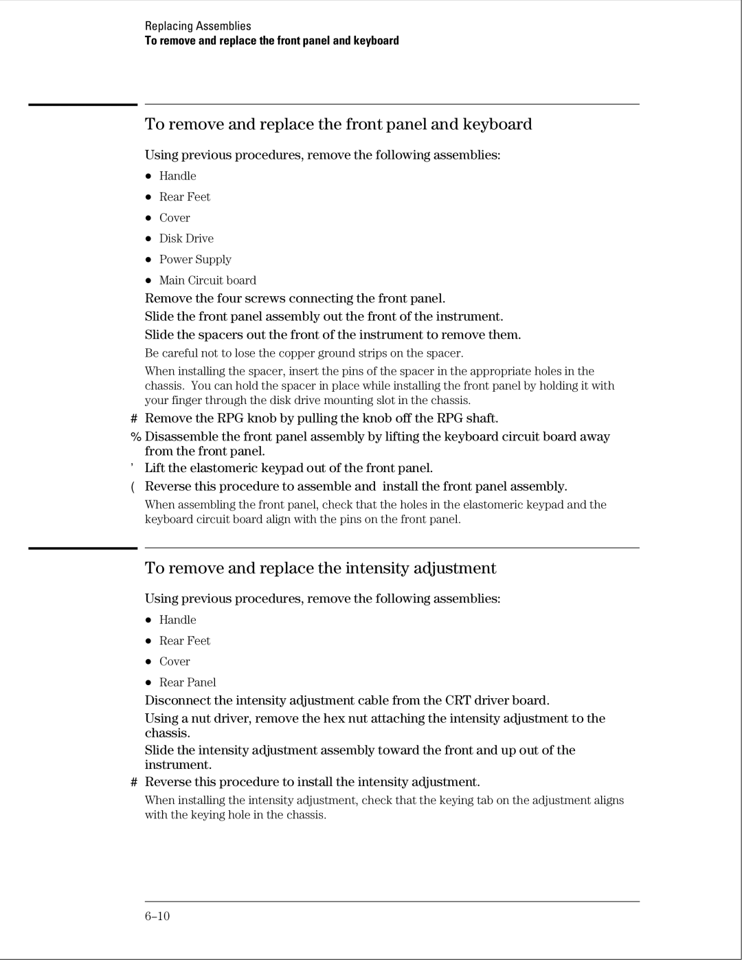 Agilent Technologies 01664-97005 manual To remove and replace the front panel and keyboard 