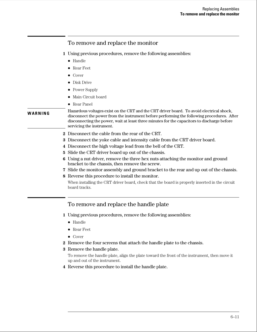 Agilent Technologies 01664-97005 manual To remove and replace the monitor, To remove and replace the handle plate 