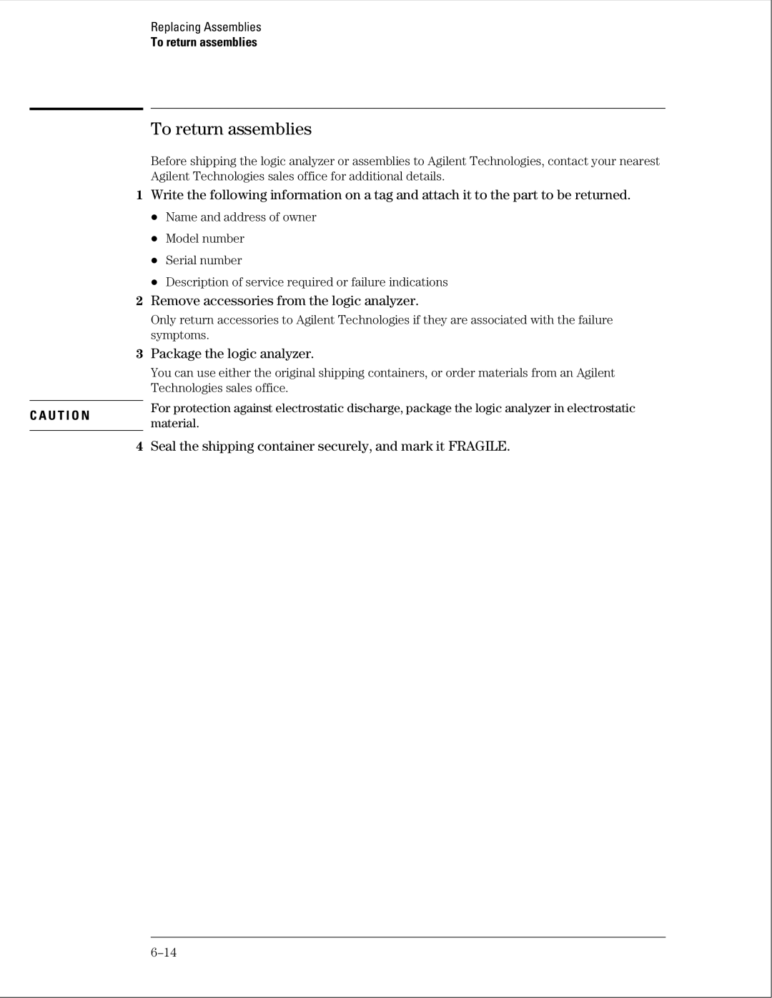 Agilent Technologies 01664-97005 manual To return assemblies, Remove accessories from the logic analyzer 