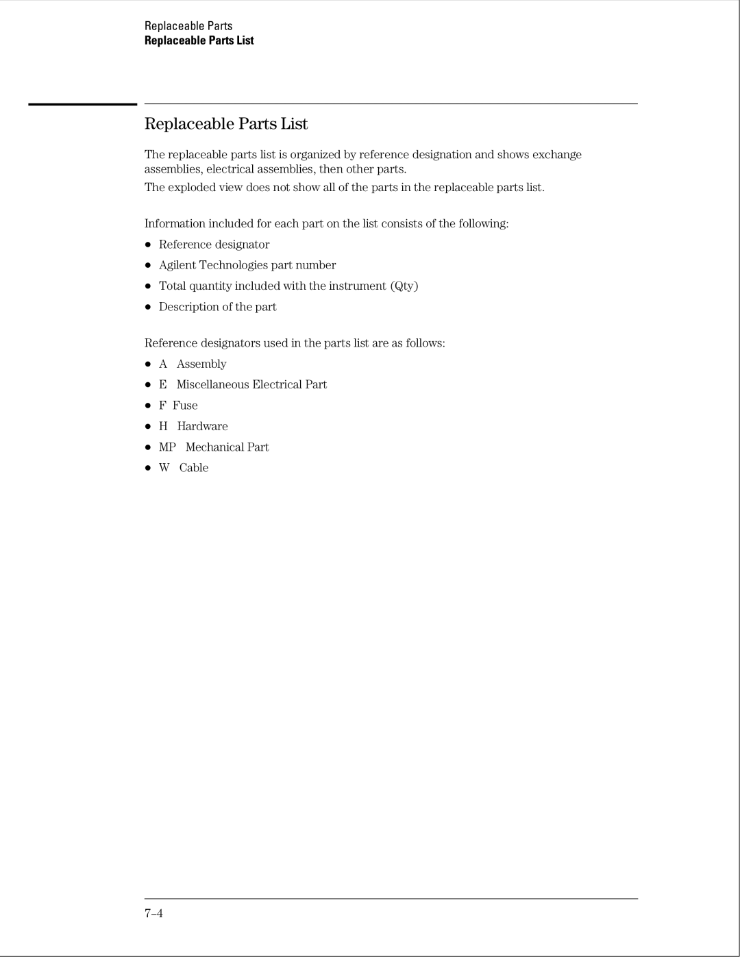 Agilent Technologies 01664-97005 manual Replaceable Parts List 