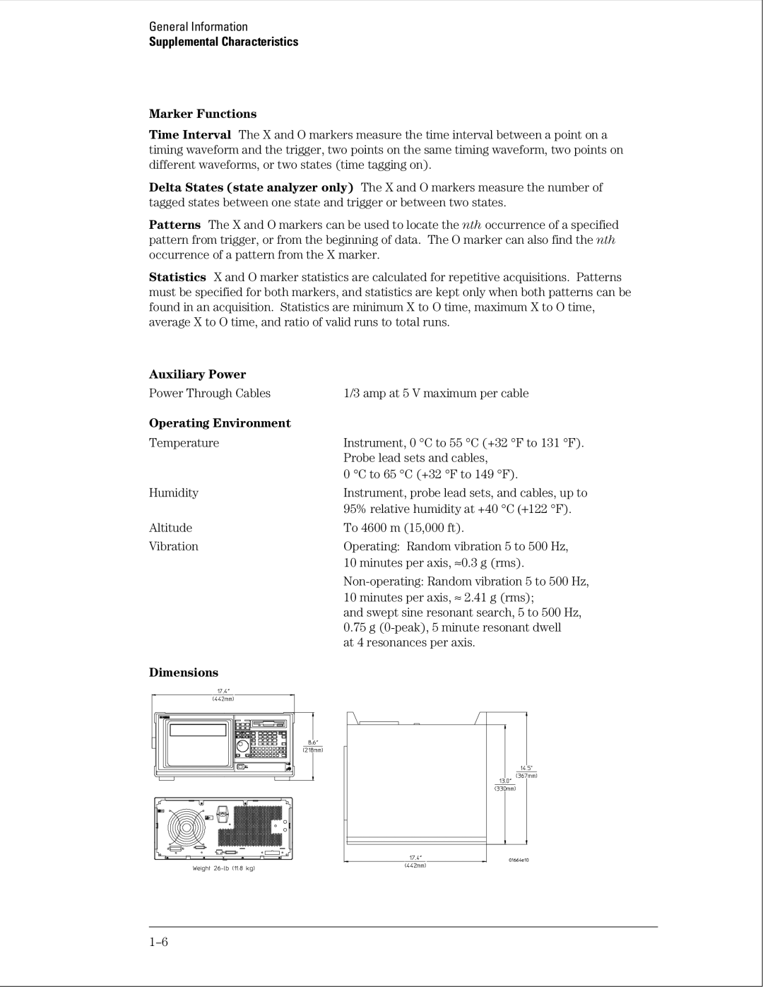 Agilent Technologies 01664-97005 manual Marker Functions, Auxiliary Power, Operating Environment, Dimensions 