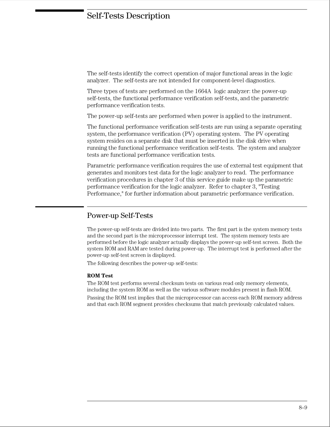 Agilent Technologies 01664-97005 manual Self-Tests Description, Power-up Self-Tests, ROM Test 