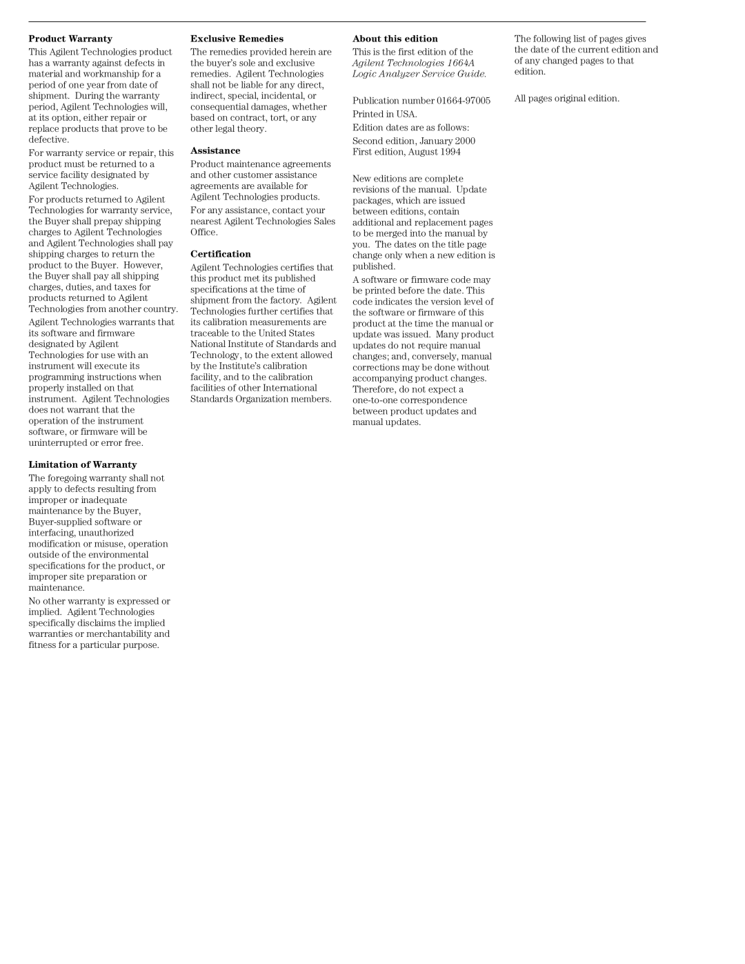 Agilent Technologies 01664-97005 manual Product Warranty 