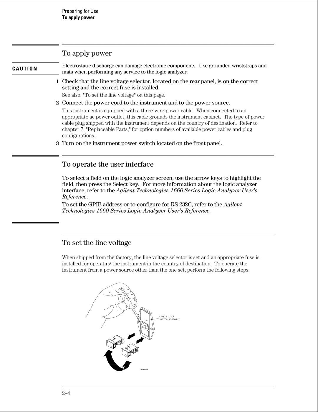 Agilent Technologies 01664-97005 manual To apply power, To operate the user interface, To set the line voltage 