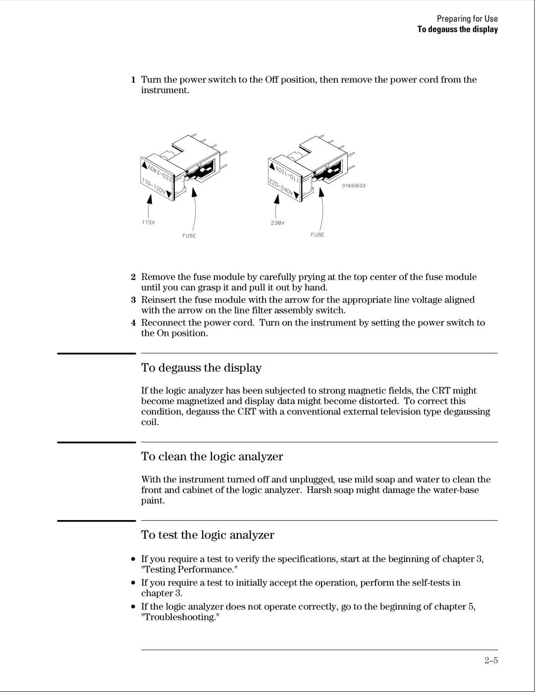 Agilent Technologies 01664-97005 manual To degauss the display, To clean the logic analyzer, To test the logic analyzer 