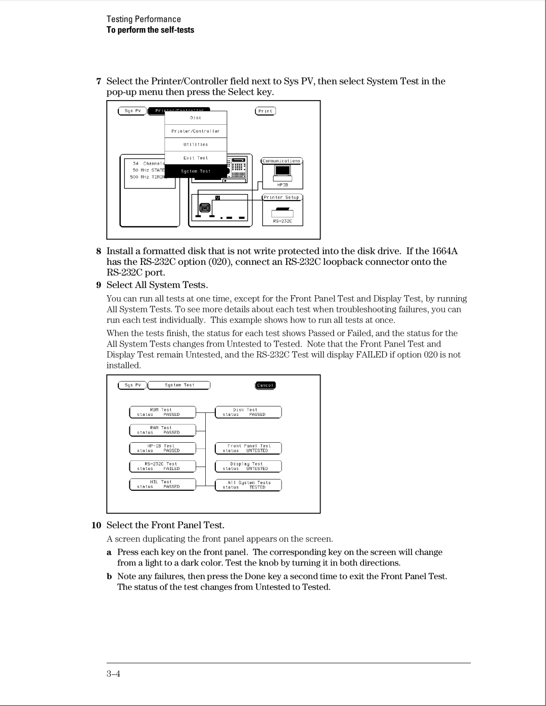 Agilent Technologies 01664-97005 manual Select the Front Panel Test, To perform the self-tests 