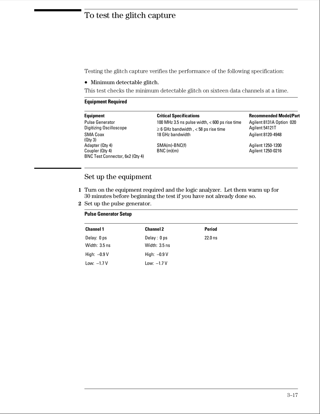 Agilent Technologies 01664-97005 manual To test the glitch capture, Set up the pulse generator, Pulse Generator Setup 