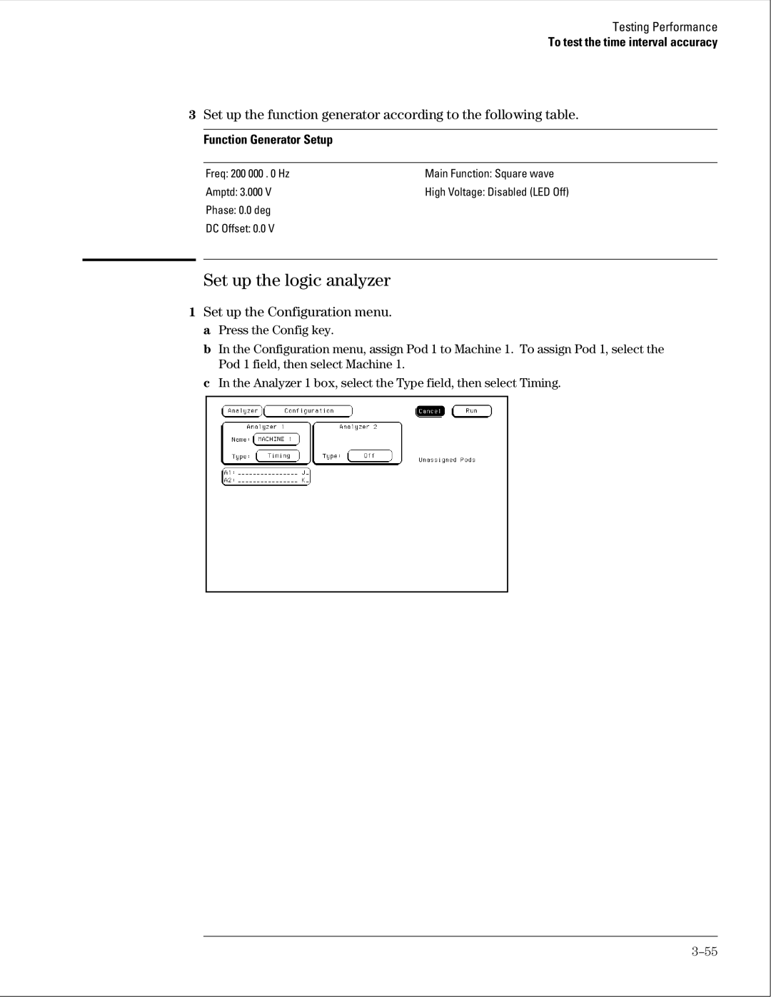 Agilent Technologies 01664-97005 manual To test the time interval accuracy, Function Generator Setup 