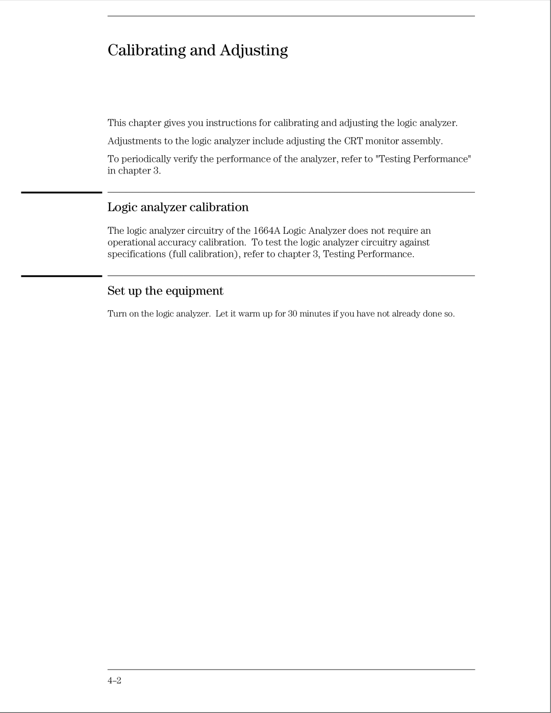 Agilent Technologies 01664-97005 manual Calibrating and Adjusting, Logic analyzer calibration 