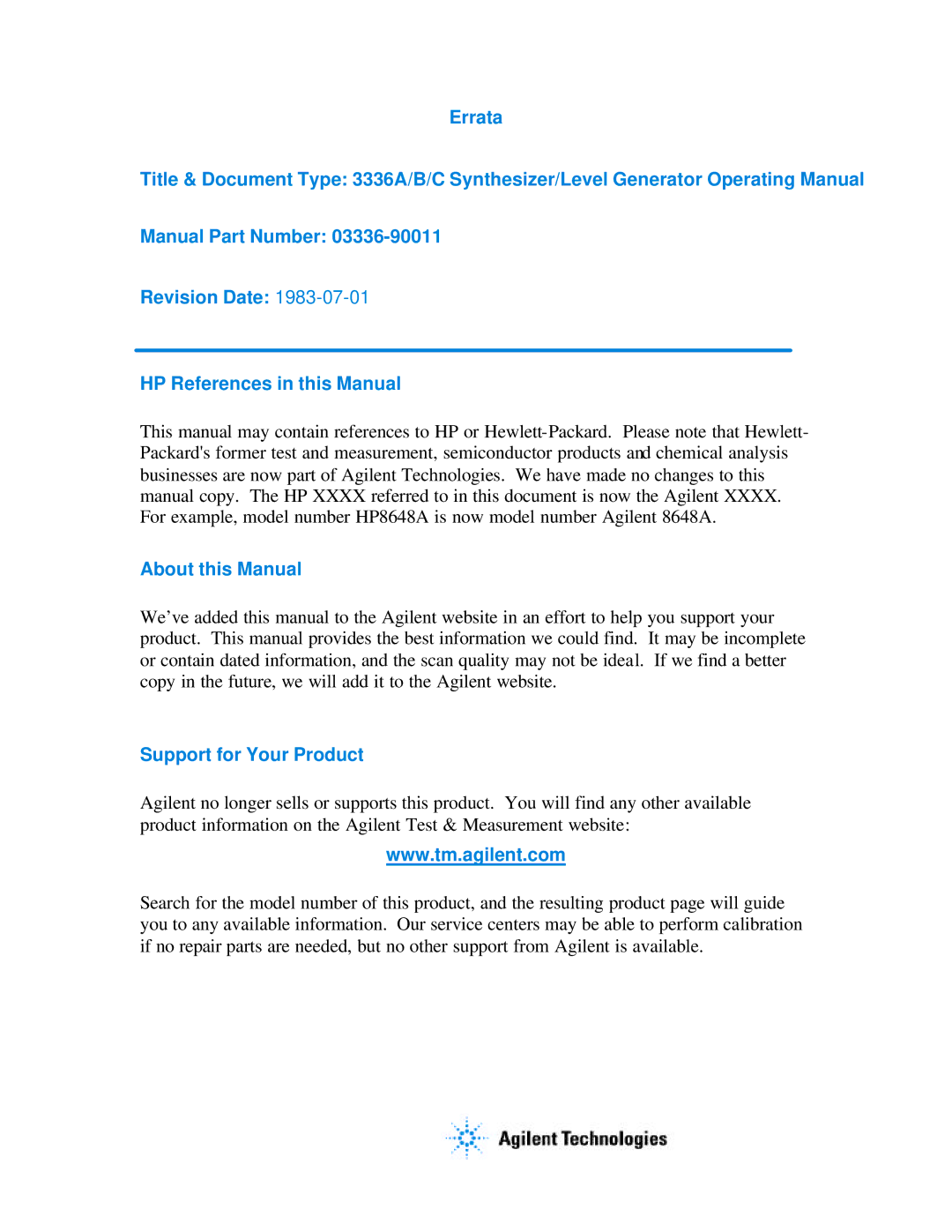 Agilent Technologies 03336-90011 manual About this Manual 