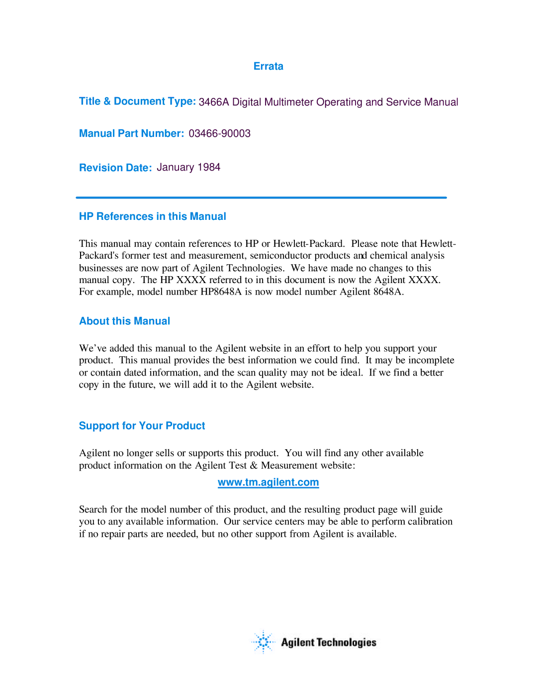 Agilent Technologies 03466-90003 service manual About this Manual 