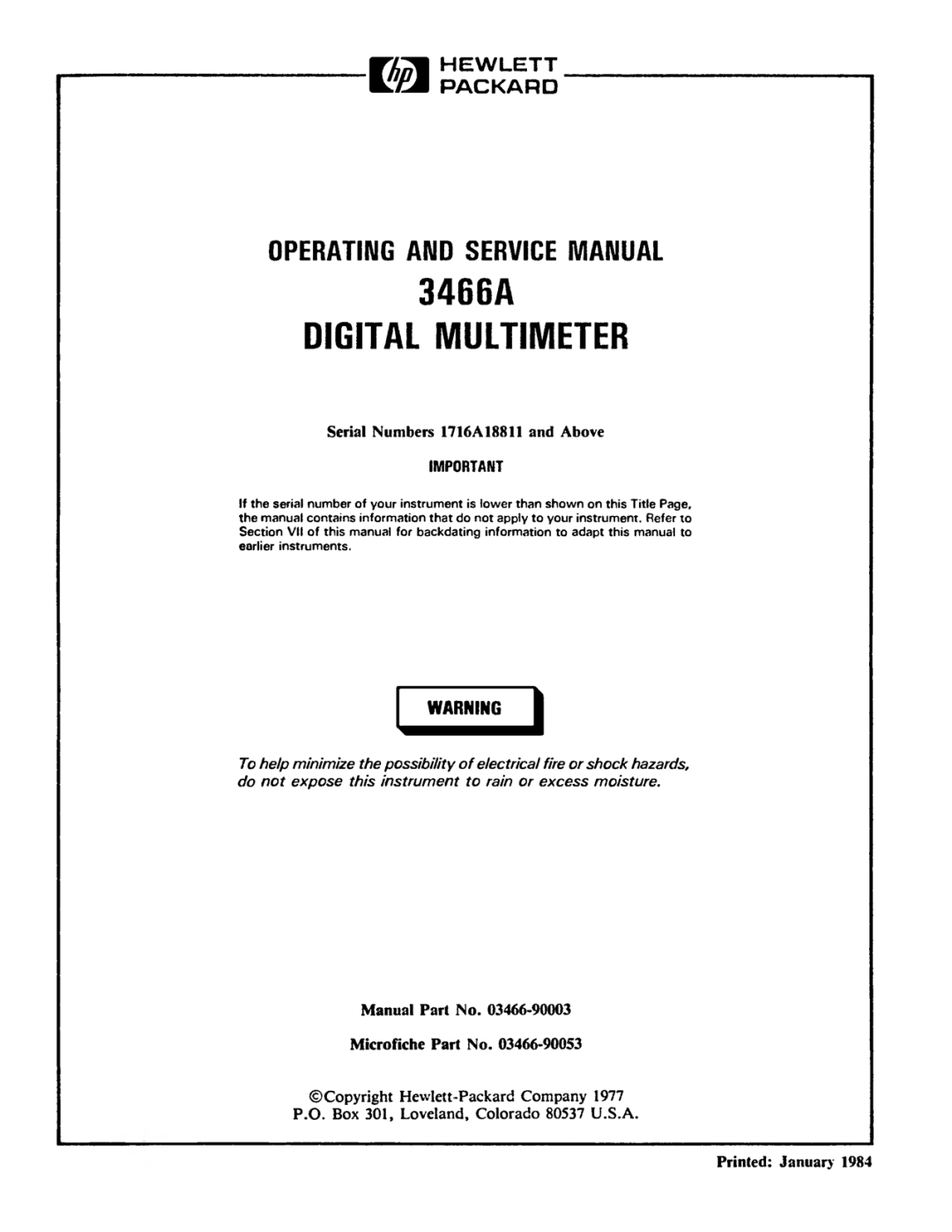 Agilent Technologies 03466-90003 service manual 