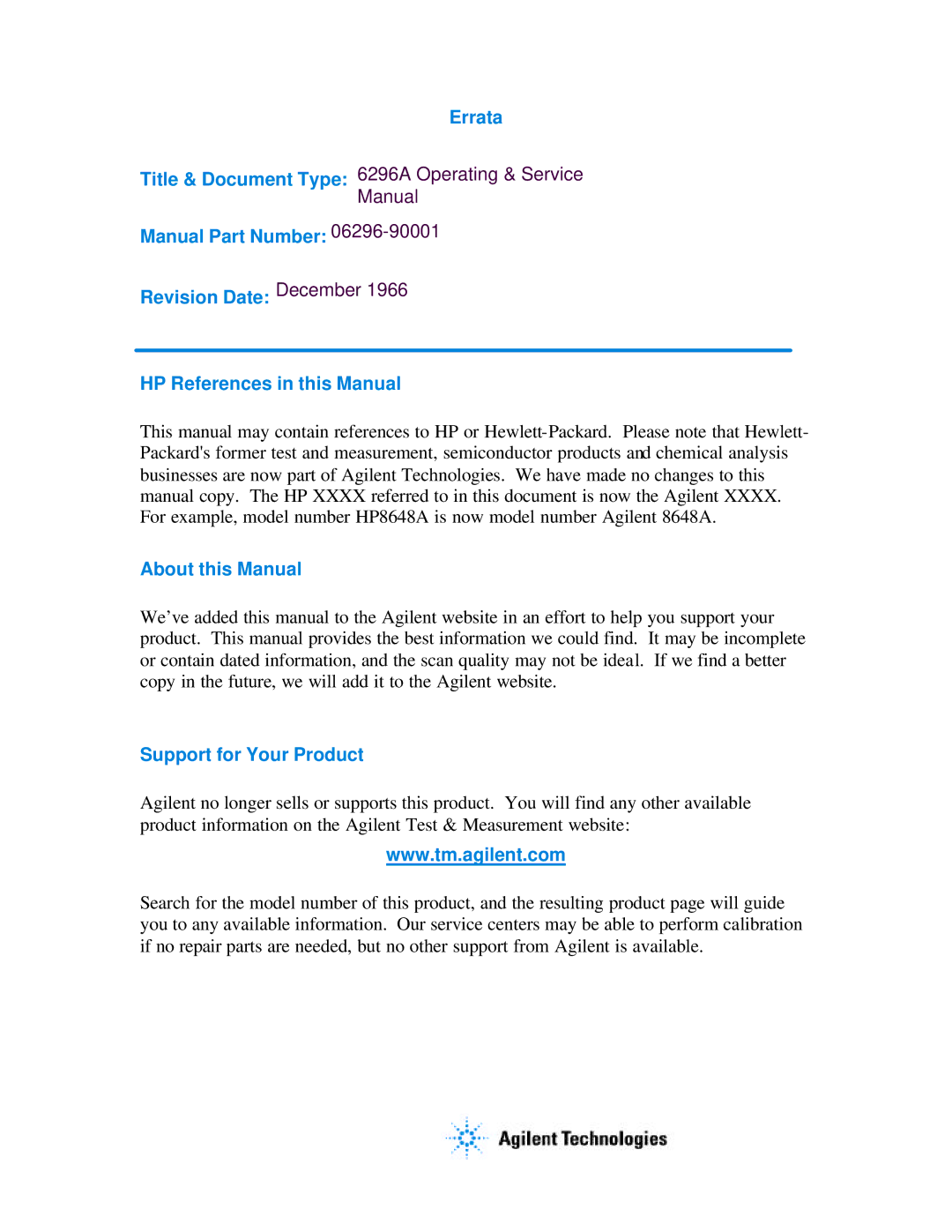 Agilent Technologies 06-296-90001 service manual Errata 