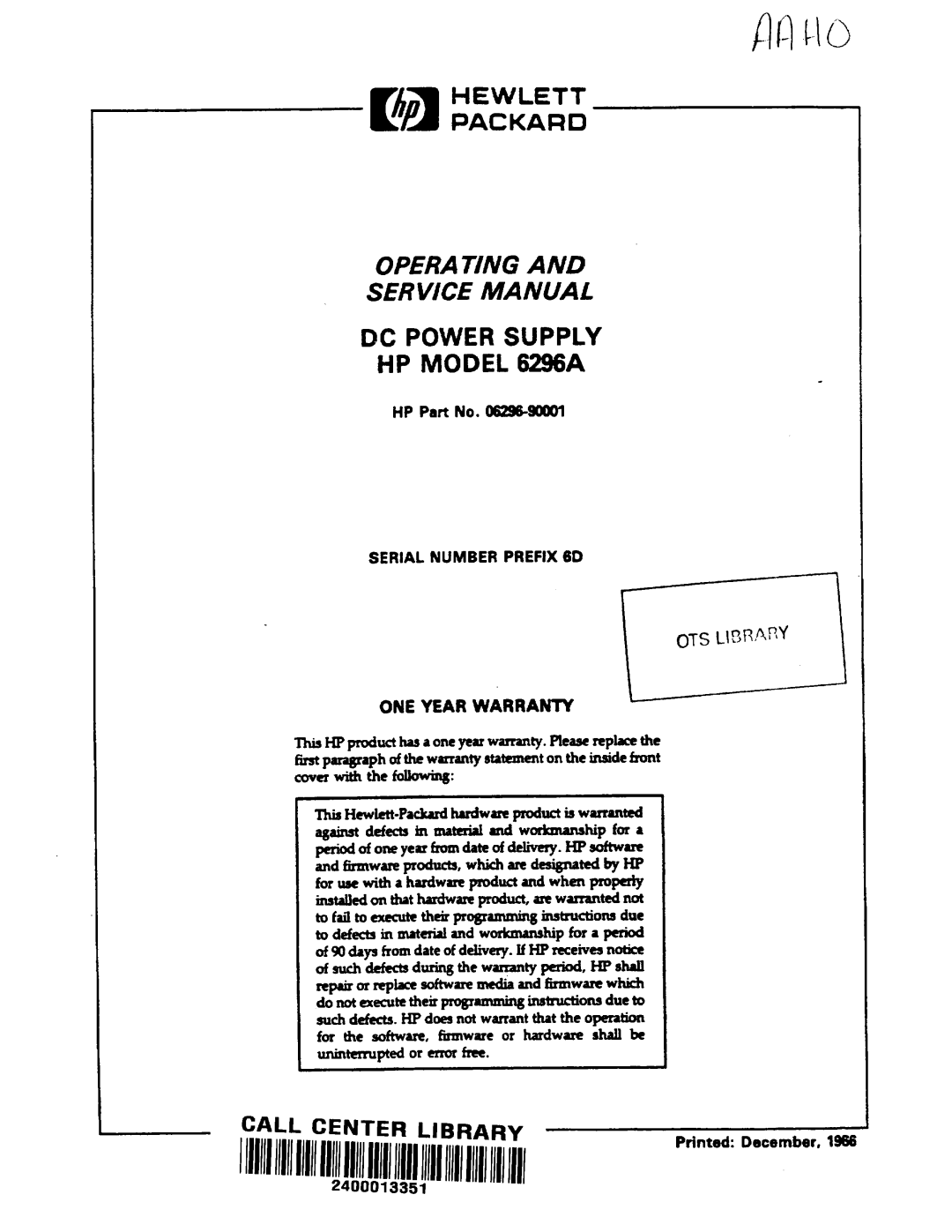 Agilent Technologies 06-296-90001 service manual 