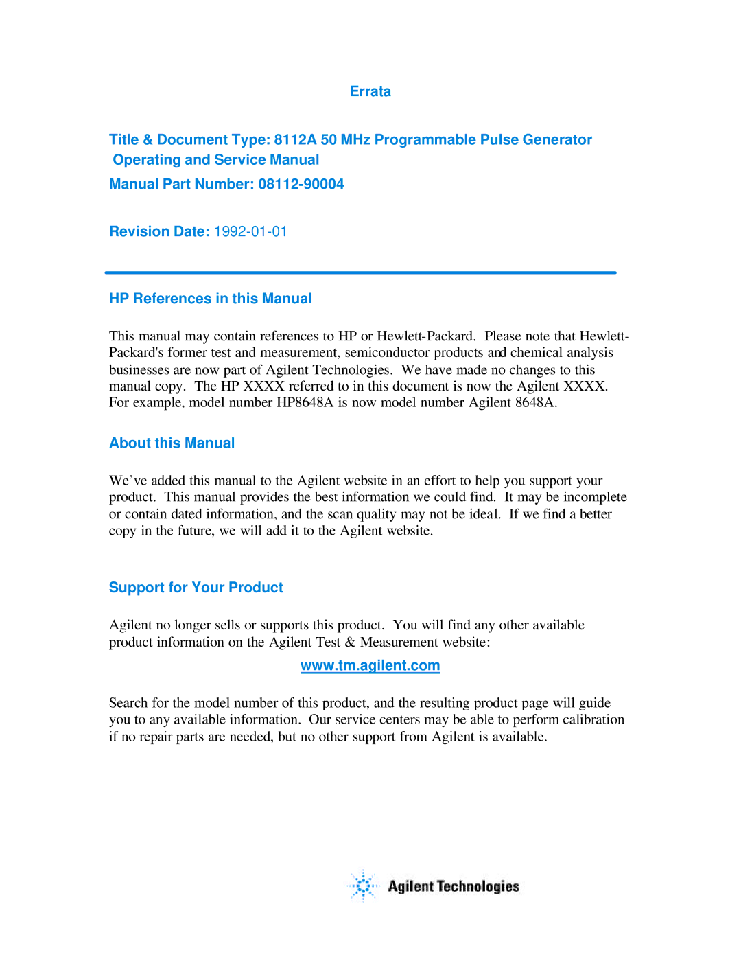 Agilent Technologies 08112-90004 service manual About this Manual 