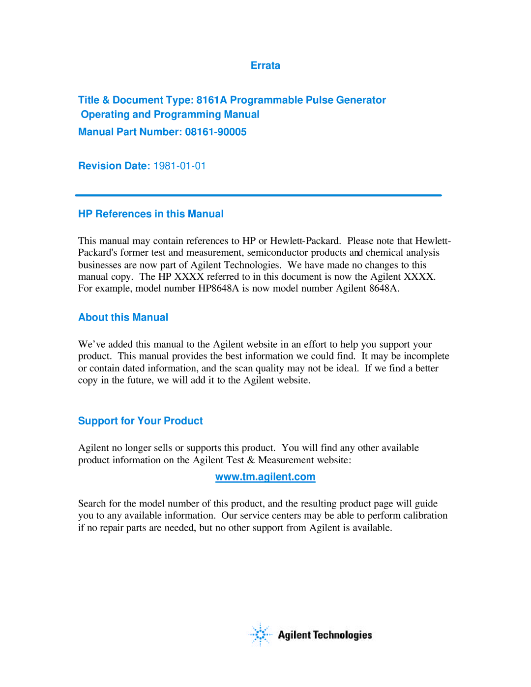 Agilent Technologies 08161-90005 manual About this Manual 