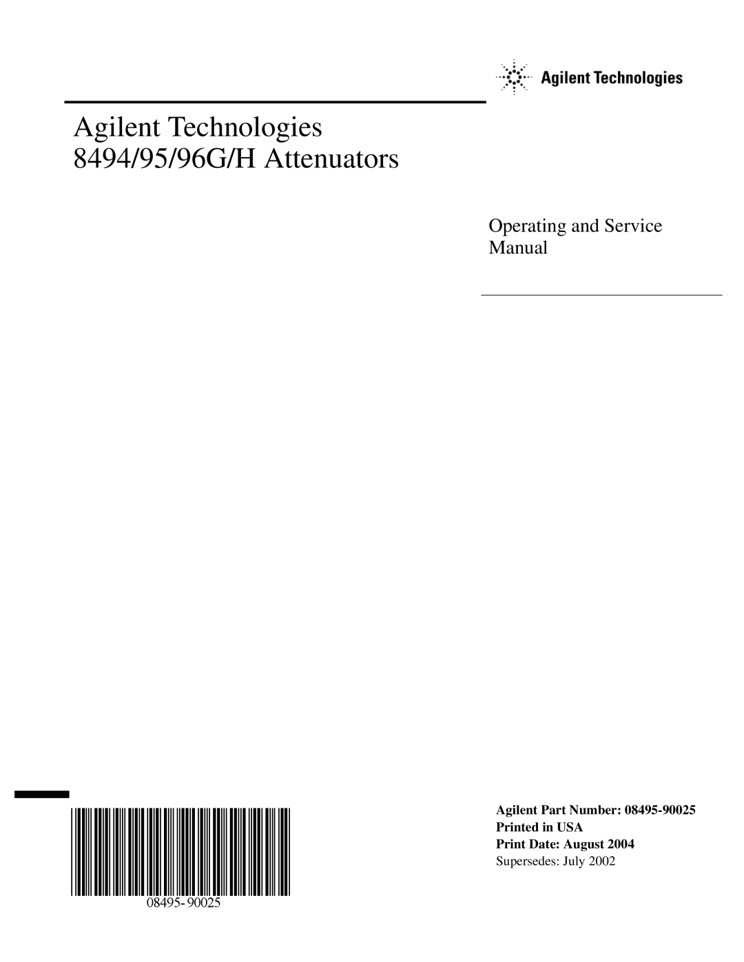 Agilent Technologies 08495-90025 service manual Agilent Technologies 8494/95/96G/H Attenuators 