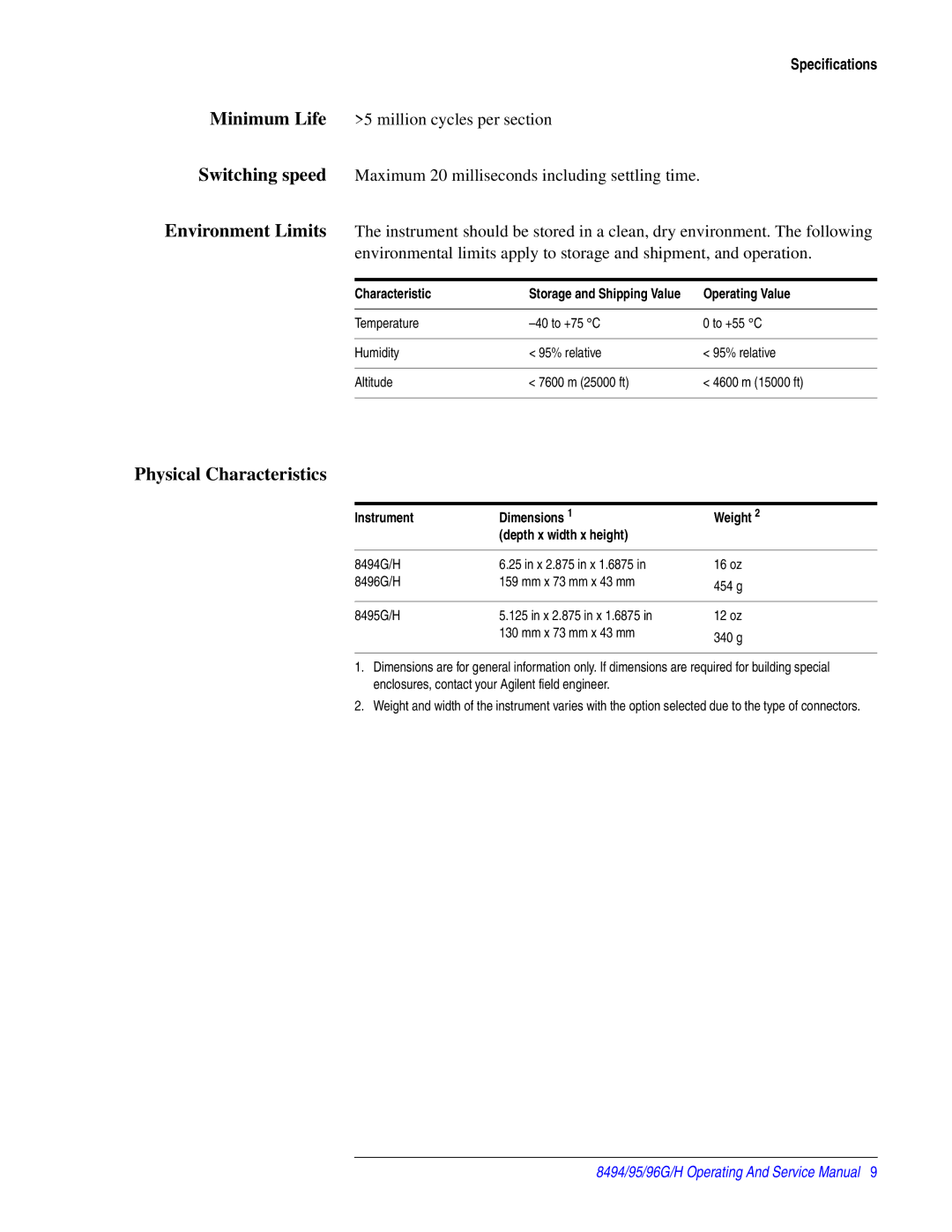 Agilent Technologies 08495-90025 service manual Physical Characteristics, Operating Value 