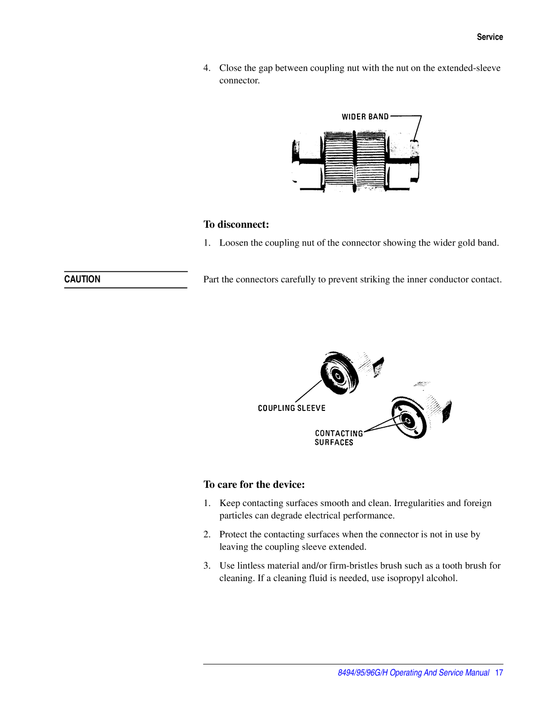 Agilent Technologies 08495-90025 service manual To disconnect, To care for the device 