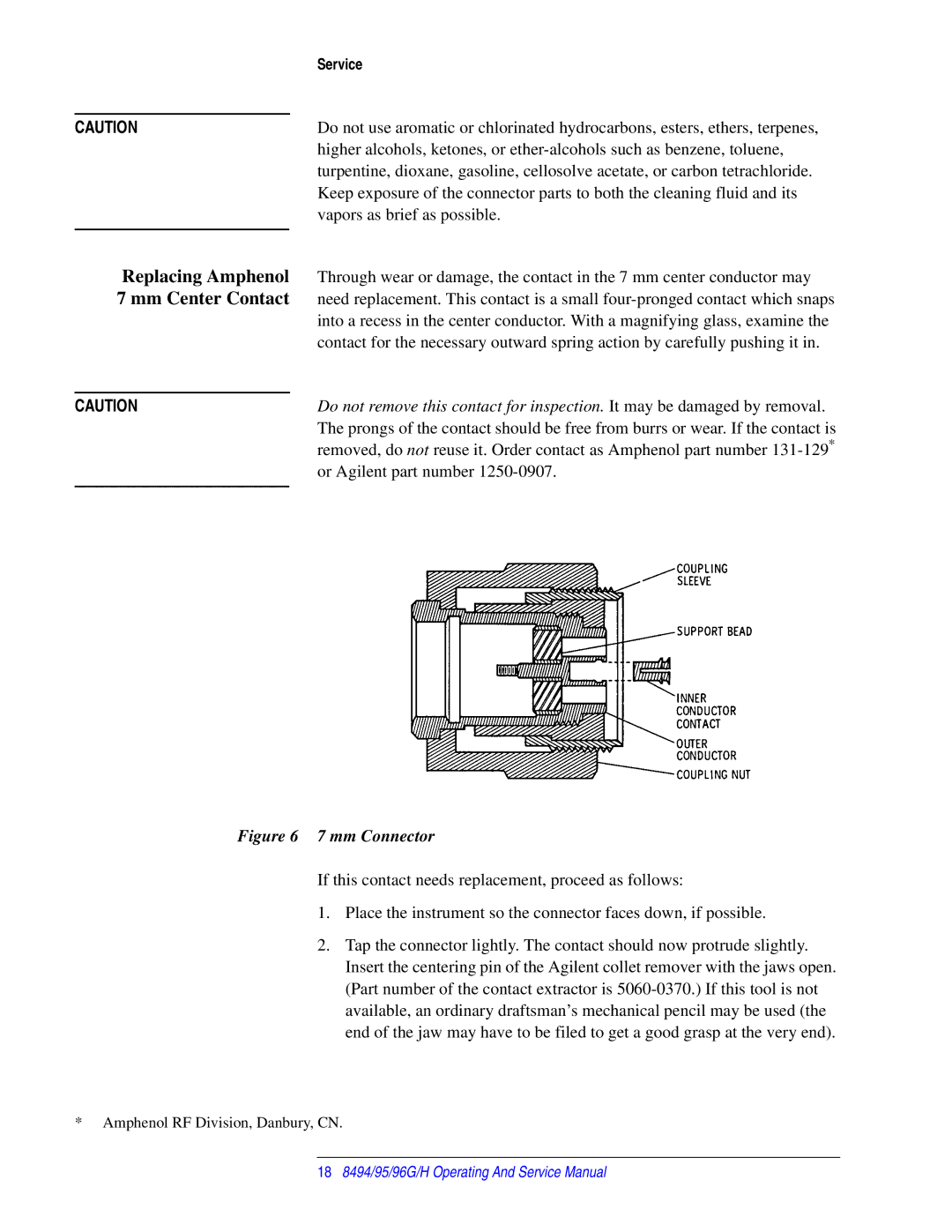 Agilent Technologies 08495-90025 service manual Replacing Amphenol 7 mm Center Contact 