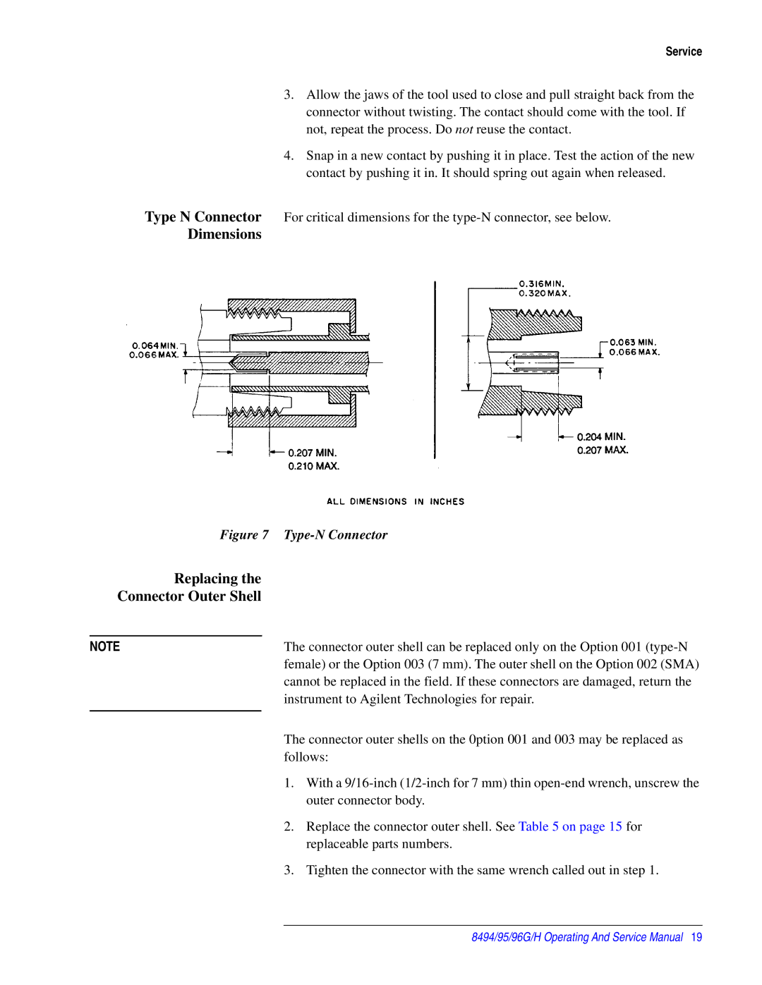 Agilent Technologies 08495-90025 service manual Dimensions, Replacing Connector Outer Shell 