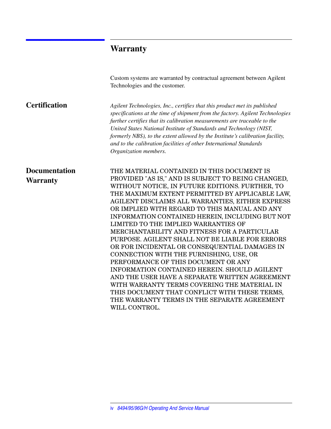 Agilent Technologies 08495-90025 service manual Certification Documentation Warranty 