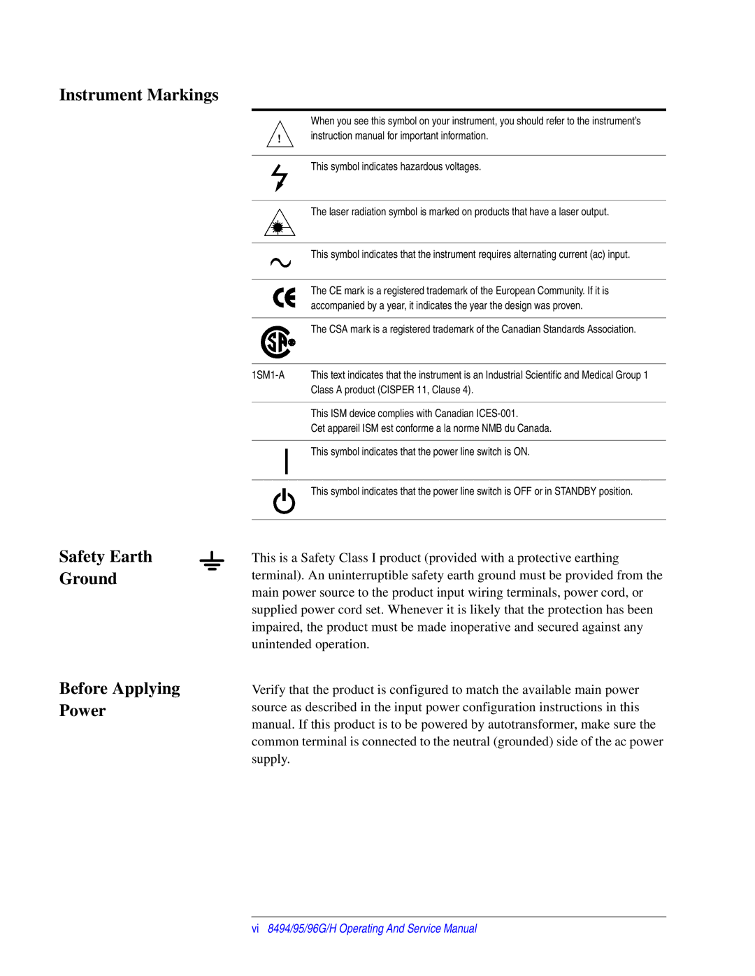 Agilent Technologies 08495-90025 service manual Instrument Markings, Safety Earth Ground Before Applying Power 