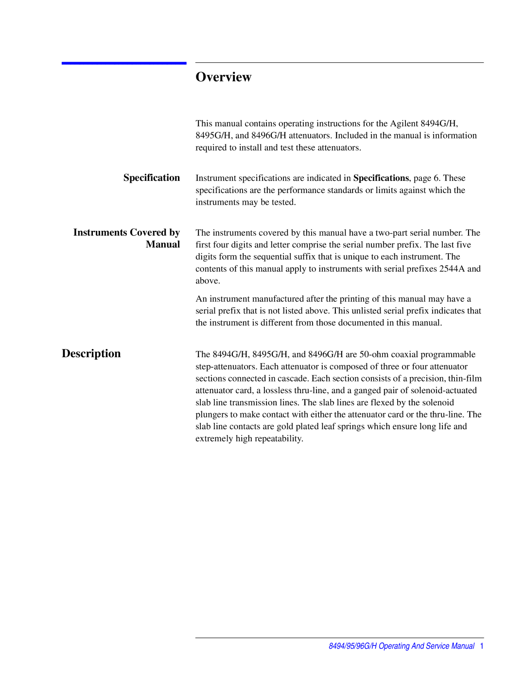 Agilent Technologies 08495-90025 service manual Overview, Specification, Instruments Covered by, Manual 