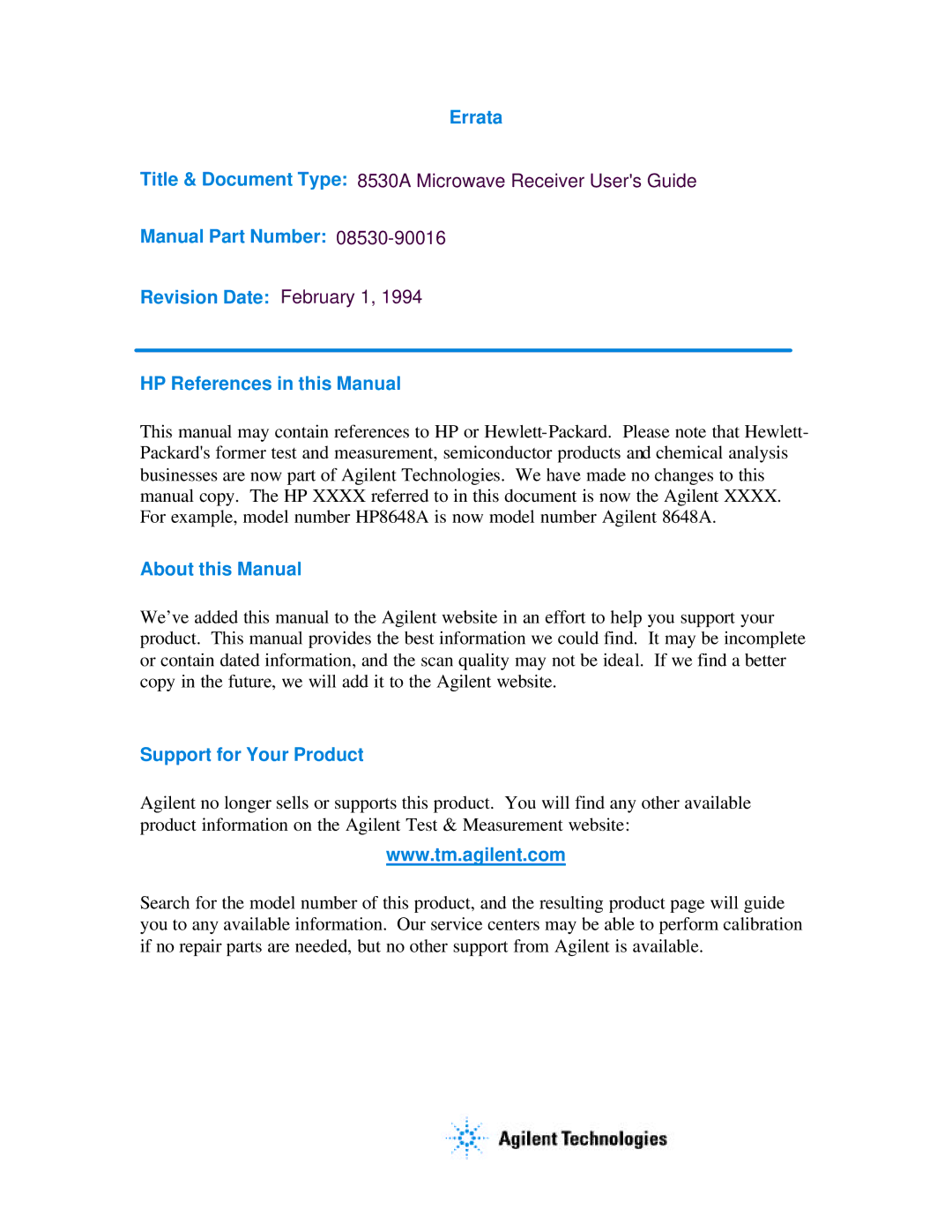 Agilent Technologies 08530-90016 manual Errata 