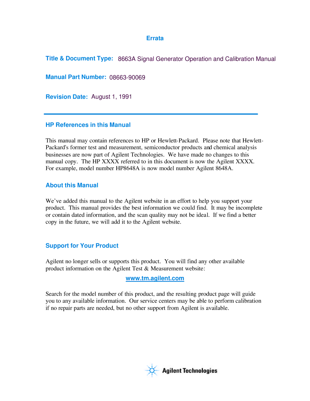 Agilent Technologies 08663-90069 manual Errata 