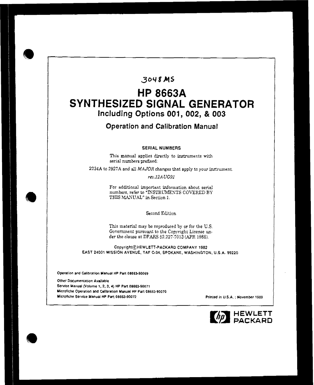 Agilent Technologies 08663-90069 manual Synthesized Signal Generator 