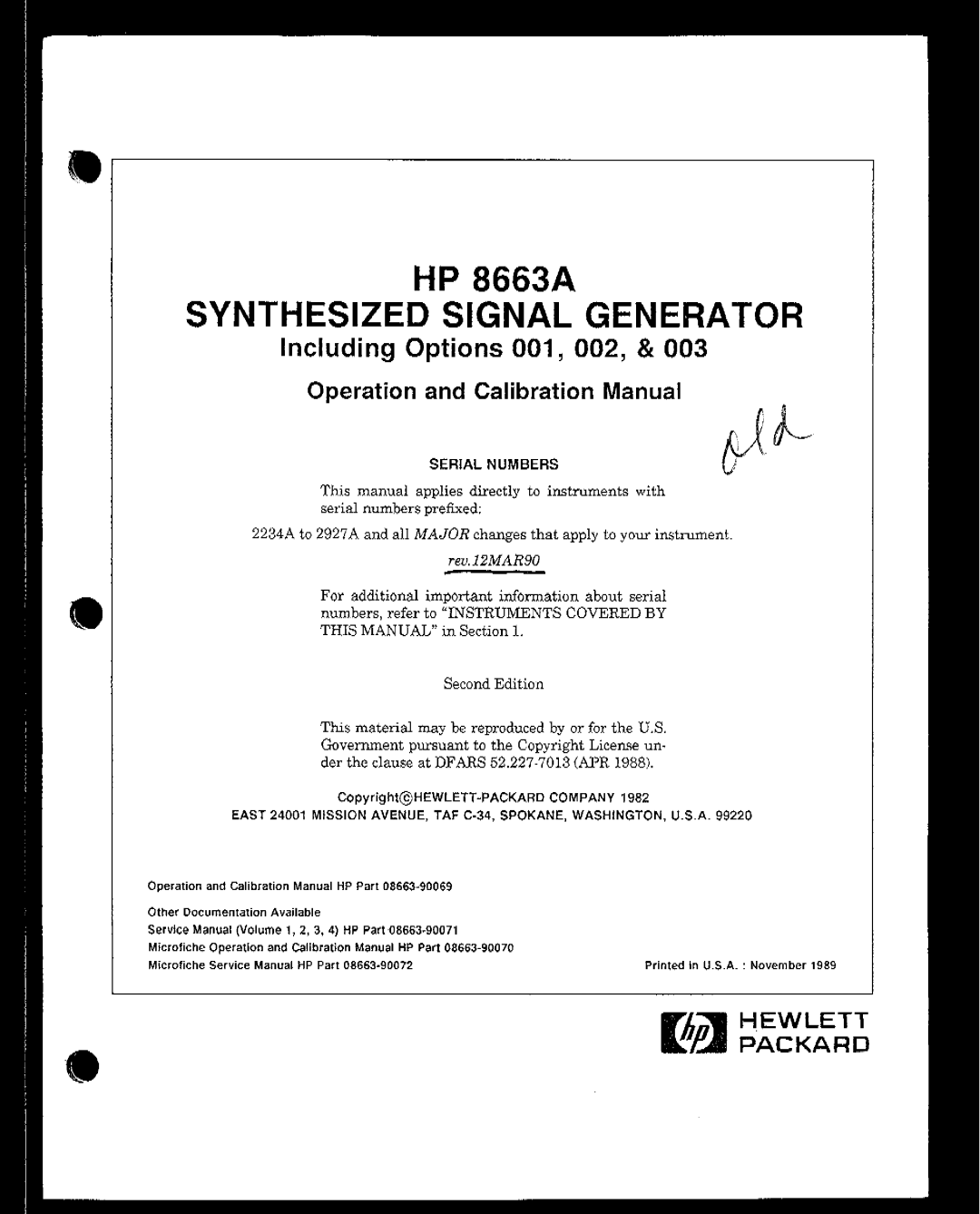 Agilent Technologies 08663-90069 manual Including Options 001, 002 