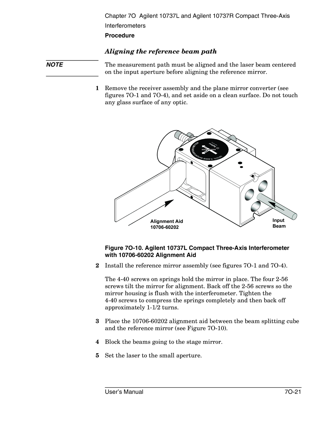 Agilent Technologies 10737R, 10737L manual Aligning the reference beam path 