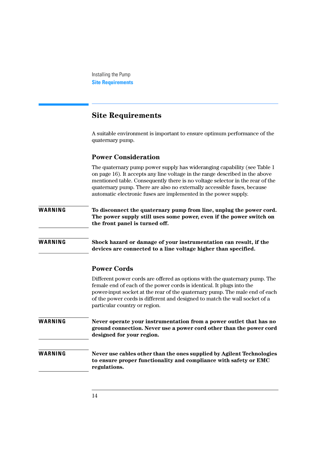 Agilent Technologies 1100 Series manual Site Requirements, Power Consideration, Power Cords 