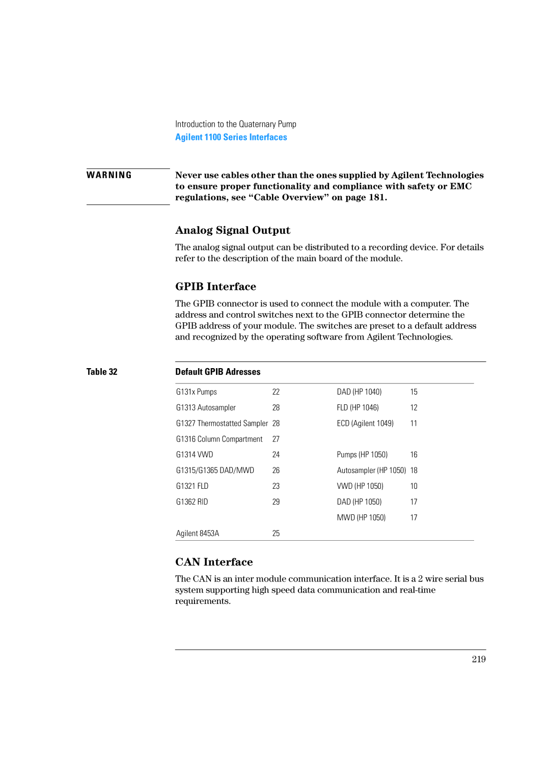 Agilent Technologies 1100 Series Analog Signal Output, Gpib Interface, Can Interface, Regulations, see Cable Overview on 