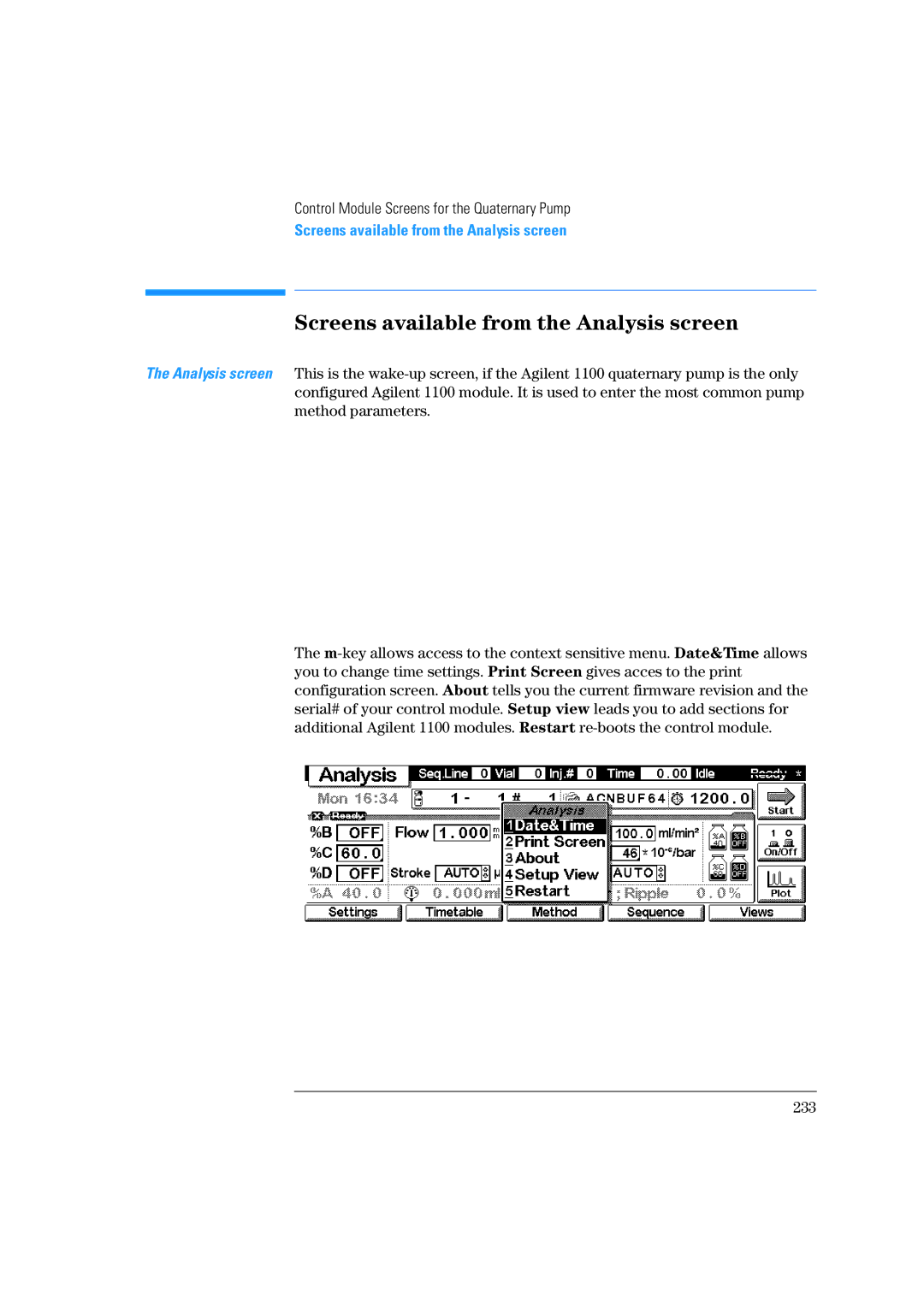 Agilent Technologies 1100 Series manual Screens available from the Analysis screen 