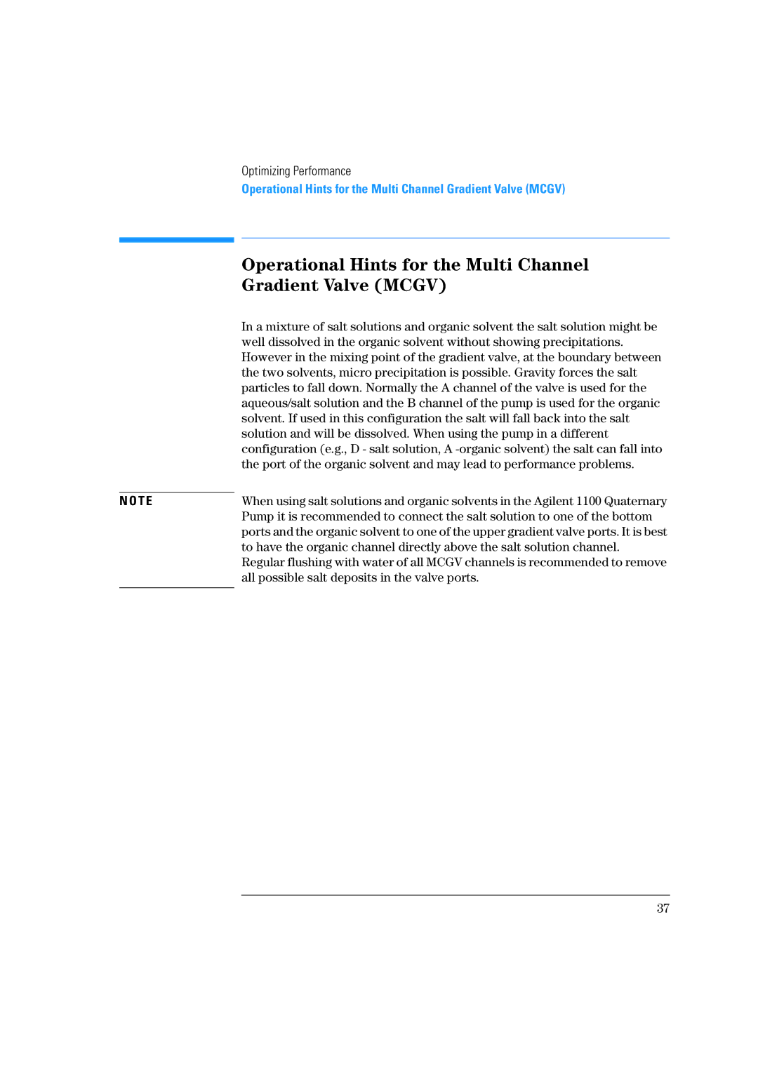 Agilent Technologies 1100 Series manual Operational Hints for the Multi Channel Gradient Valve Mcgv 