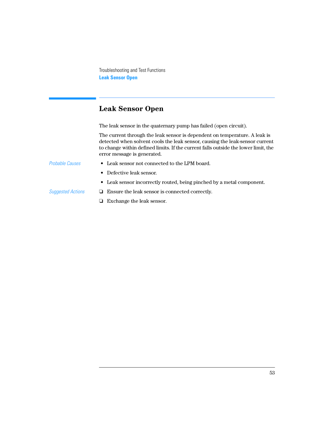 Agilent Technologies 1100 Series manual Leak Sensor Open, Leak sensor in the quaternary pump has failed open circuit 