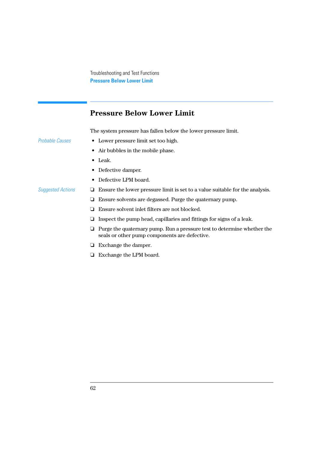 Agilent Technologies 1100 Series manual Pressure Below Lower Limit 