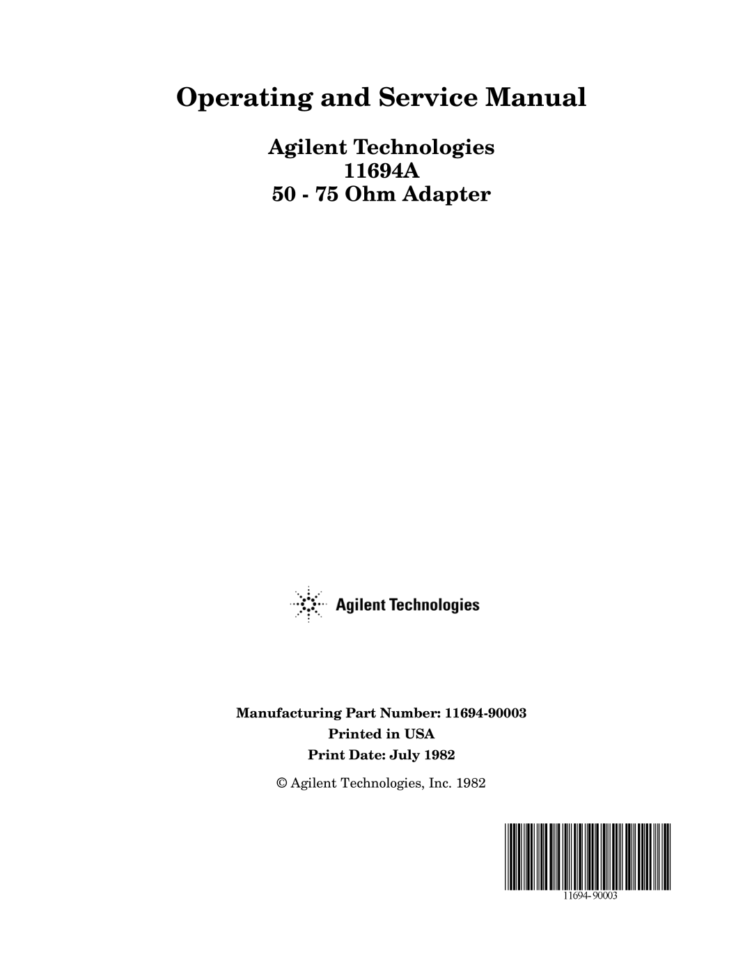 Agilent Technologies service manual Agilent Technologies 11694A 50 75 Ohm Adapter 