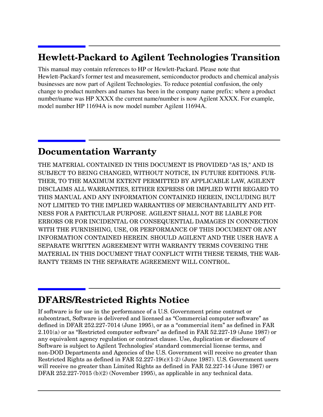 Agilent Technologies 11694A service manual Hewlett-Packard to Agilent Technologies Transition, Documentation Warranty 