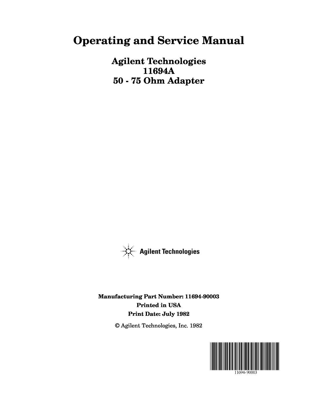 Agilent Technologies service manual Agilent Technologies 11694A 50 - 75 Ohm Adapter 