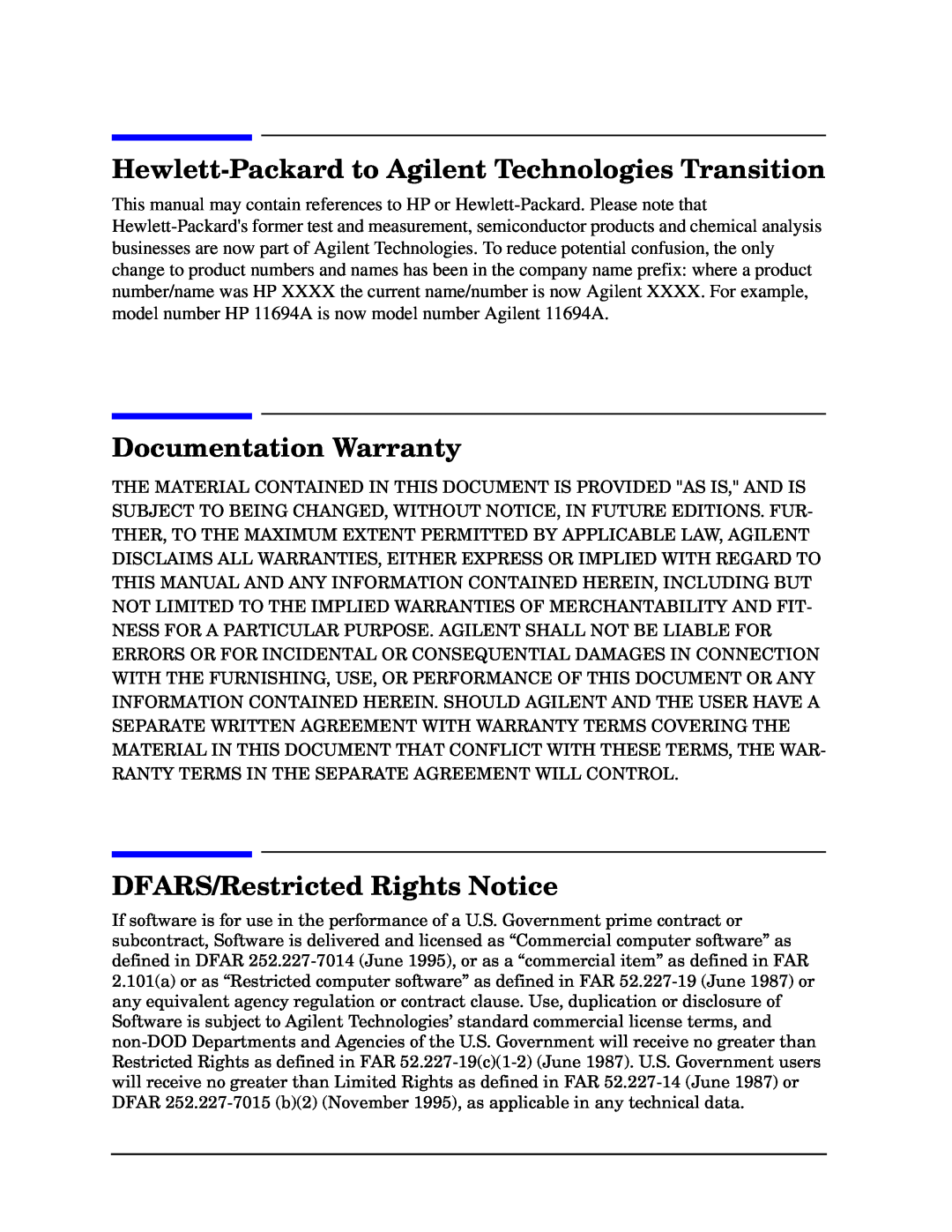 Agilent Technologies 11694A service manual Hewlett-Packard to Agilent Technologies Transition, Documentation Warranty 
