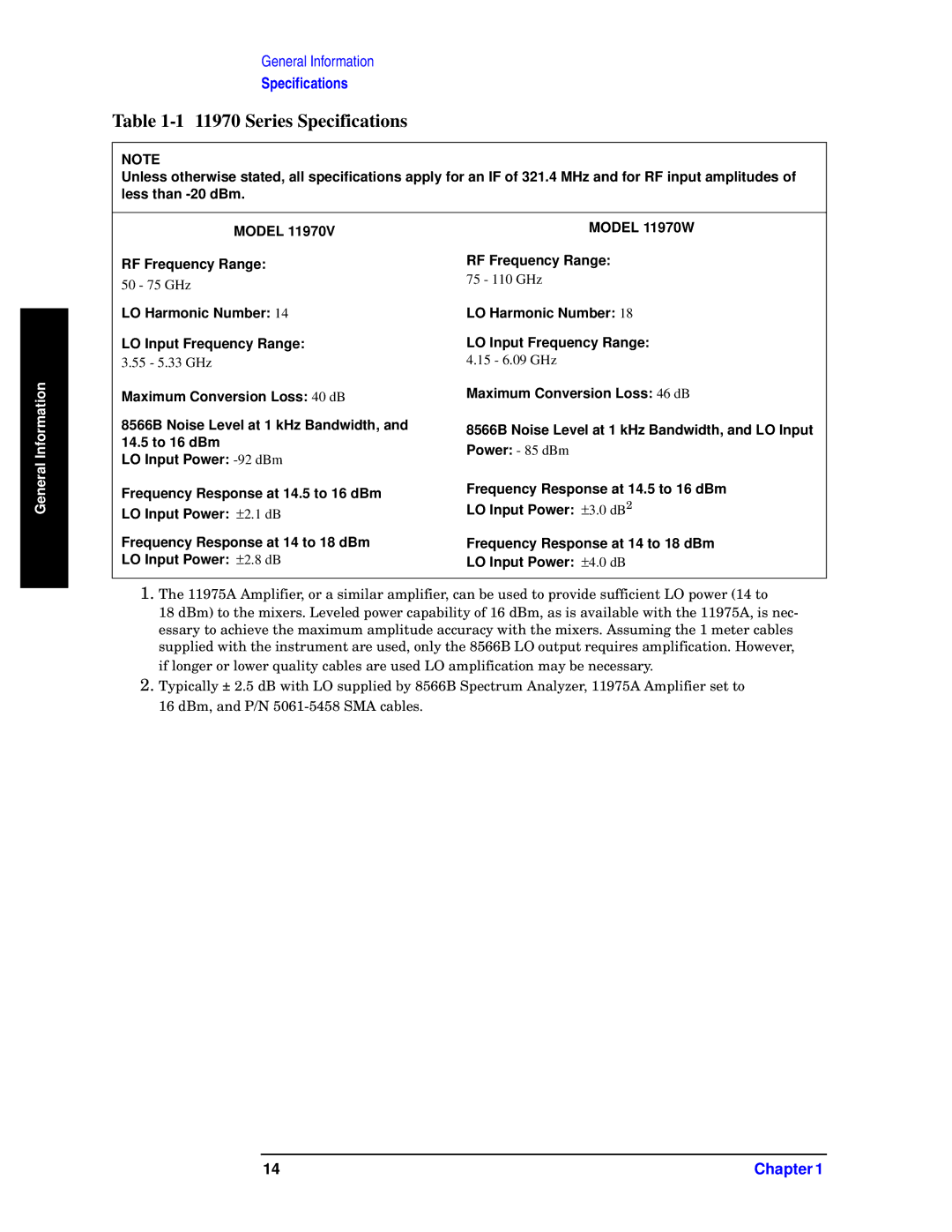 Agilent Technologies 11970-90031 manual Model RF Frequency Range 