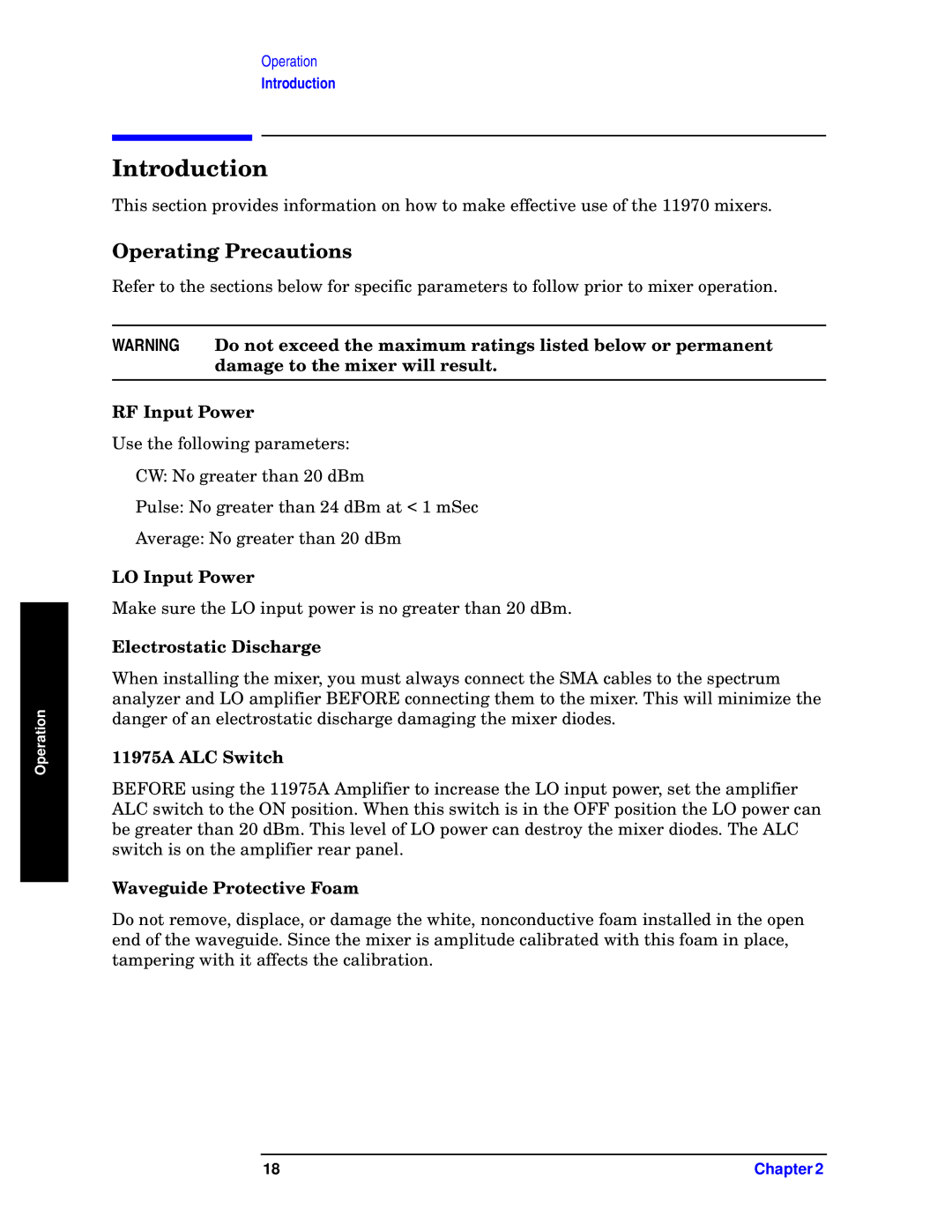 Agilent Technologies 11970-90031 manual Introduction, Operating Precautions 