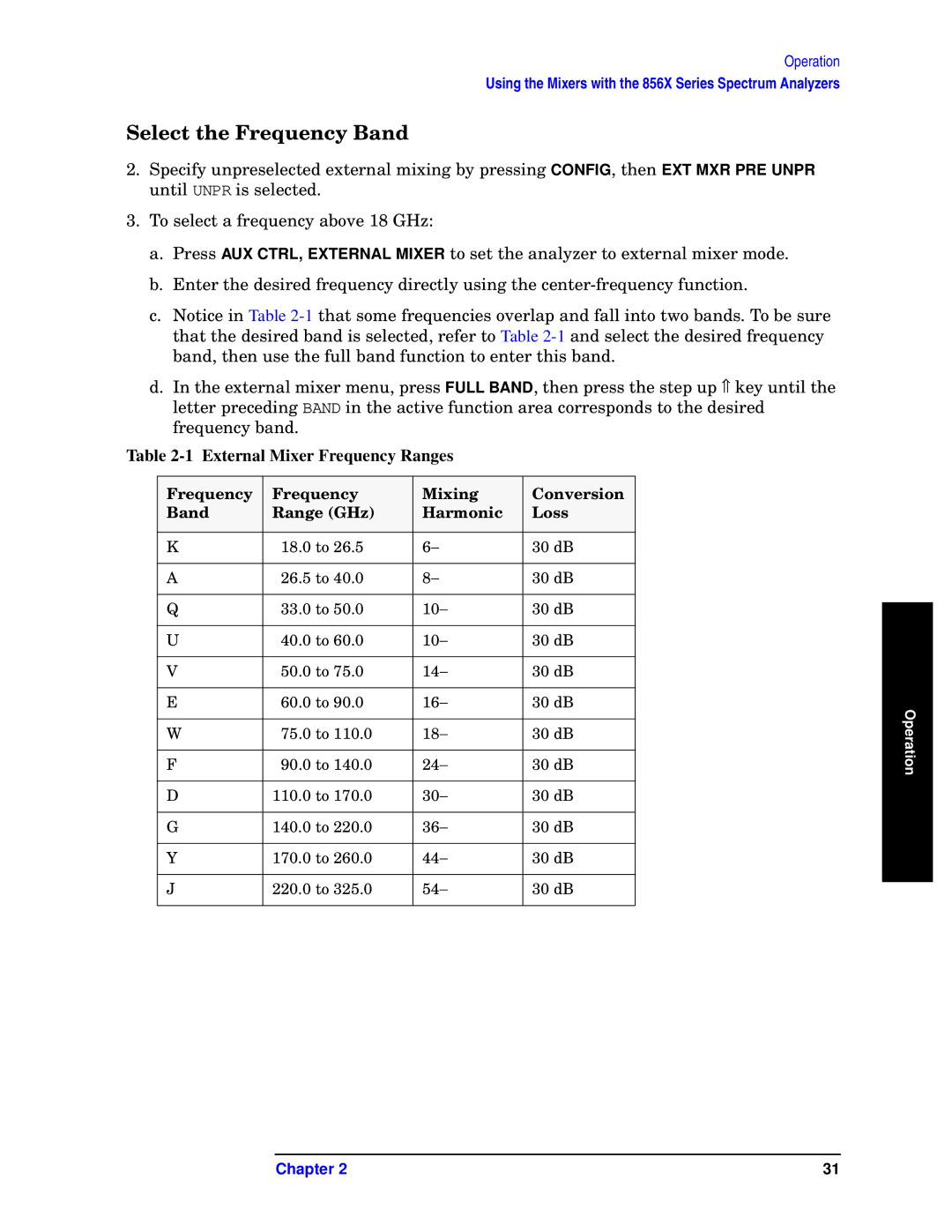 Agilent Technologies 11970-90031 manual Select the Frequency Band, External Mixer Frequency Ranges 