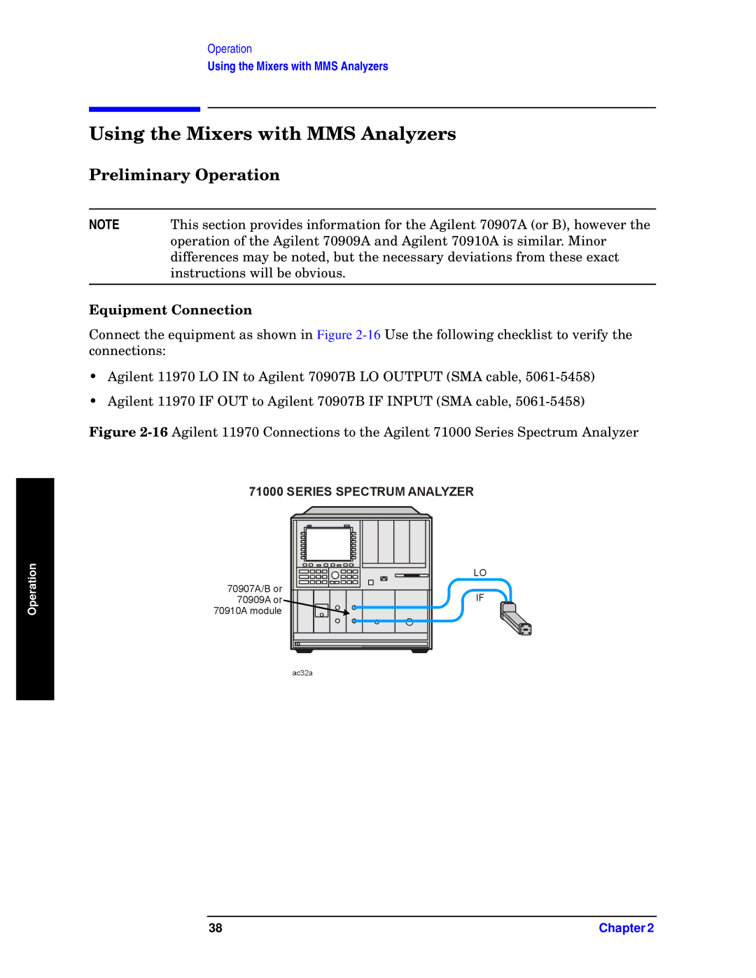 Agilent Technologies 11970-90031 manual Using the Mixers with MMS Analyzers, Preliminary Operation, Equipment Connection 