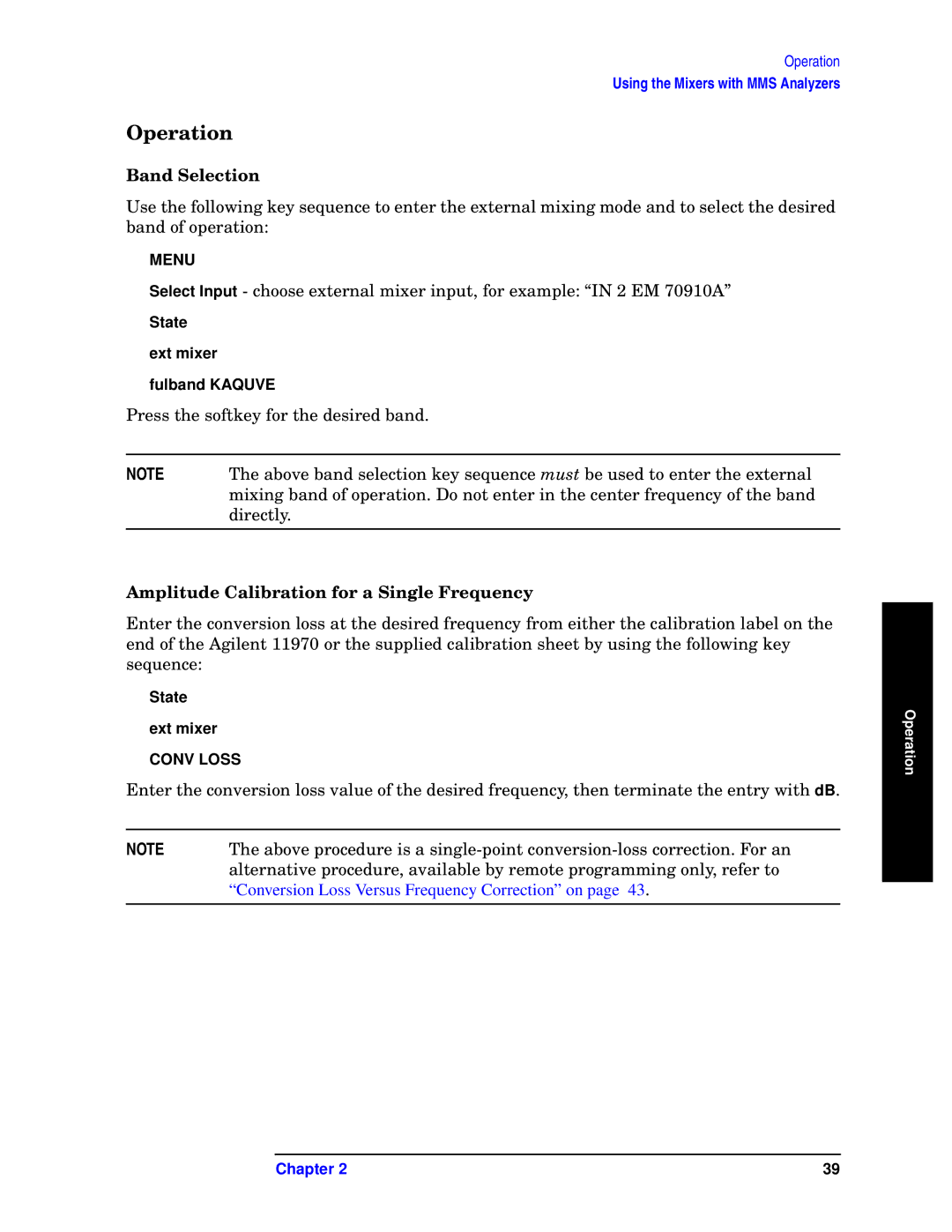 Agilent Technologies 11970-90031 manual Operation, Band Selection, Amplitude Calibration for a Single Frequency 