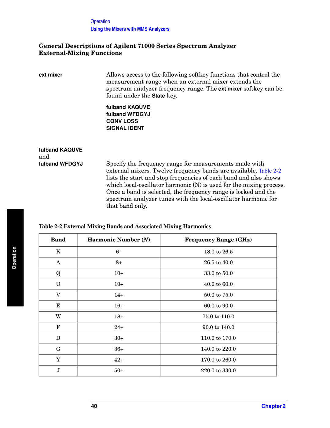 Agilent Technologies 11970-90031 manual External Mixing Bands and Associated Mixing Harmonics 