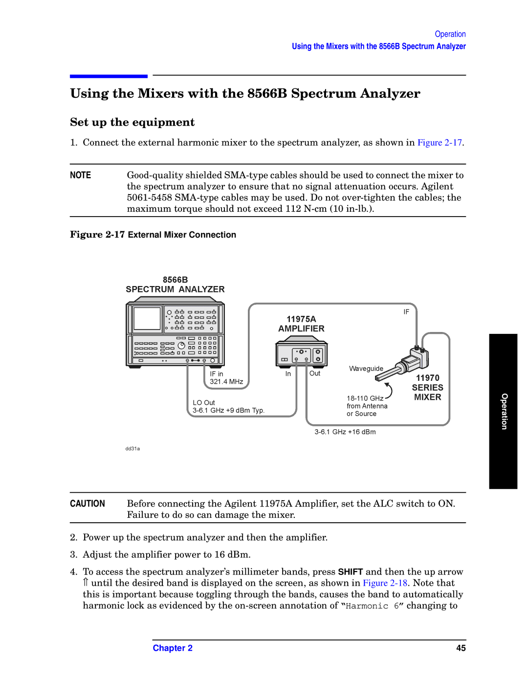 Agilent Technologies 11970-90031 manual Using the Mixers with the 8566B Spectrum Analyzer, 17External Mixer Connection 